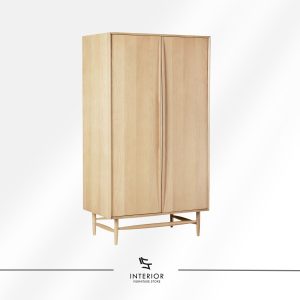 Minimalist wooden wardrobe with double doors, smooth flat panels, and a light natural wood finish on slender legs.