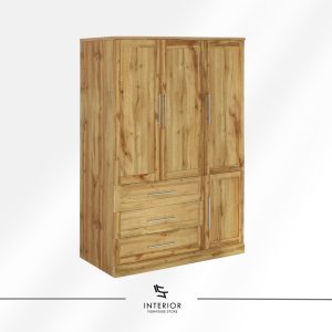 Large wooden wardrobe with three doors, integrated drawers, and a warm natural wood grain finish.