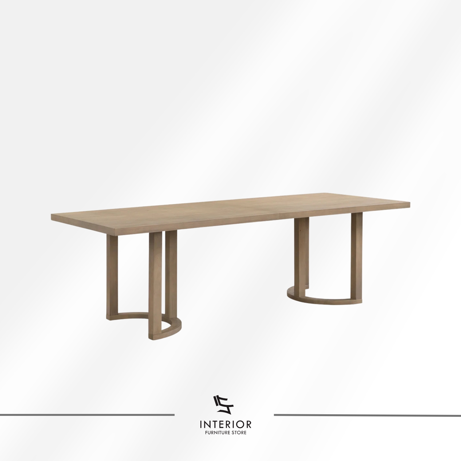 Light wood dining table set featuring six upholstered armchairs with curved backrests, soft neutral cushions, and a spacious rectangular tabletop designed for comfortable shared meals.