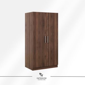 Modern wooden wardrobe with a tall rectangular form, featuring two flat-panel doors and slim vertical metal handles.