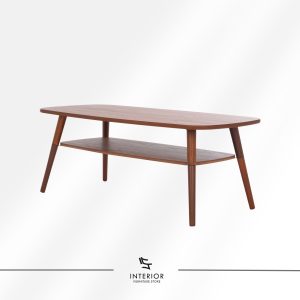 Mid century wooden coffee table with rounded rectangular top, tapered legs, and a lower open shelf in a rich walnut finish.