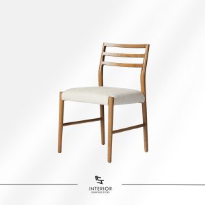 Wooden dining chair with upholstered seat, featuring an open slatted backrest and solid wood legs.