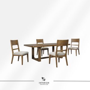 Wooden dining table set with a rectangular top and four matching chairs featuring upholstered seats.