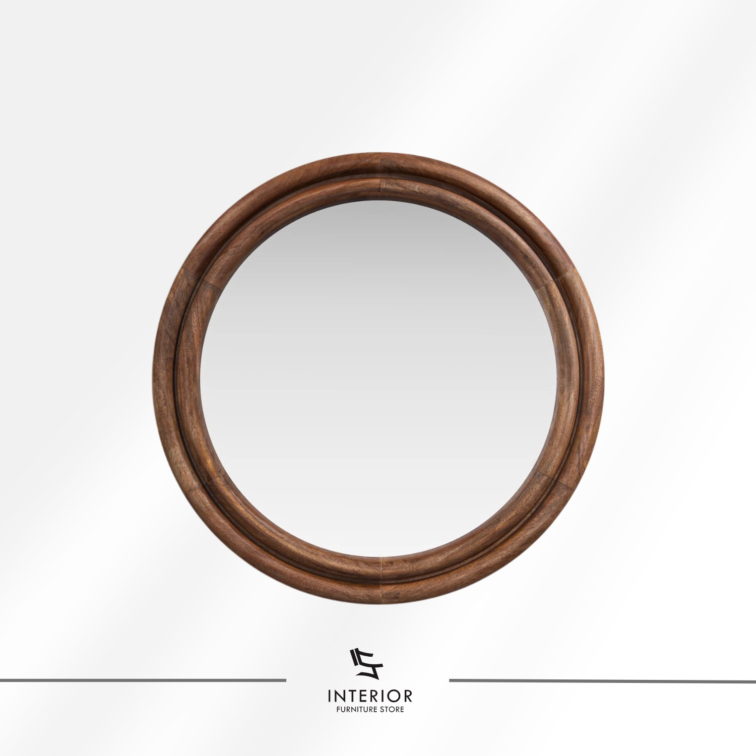 Round wall mirror with a thick, layered wooden frame in a warm natural finish.