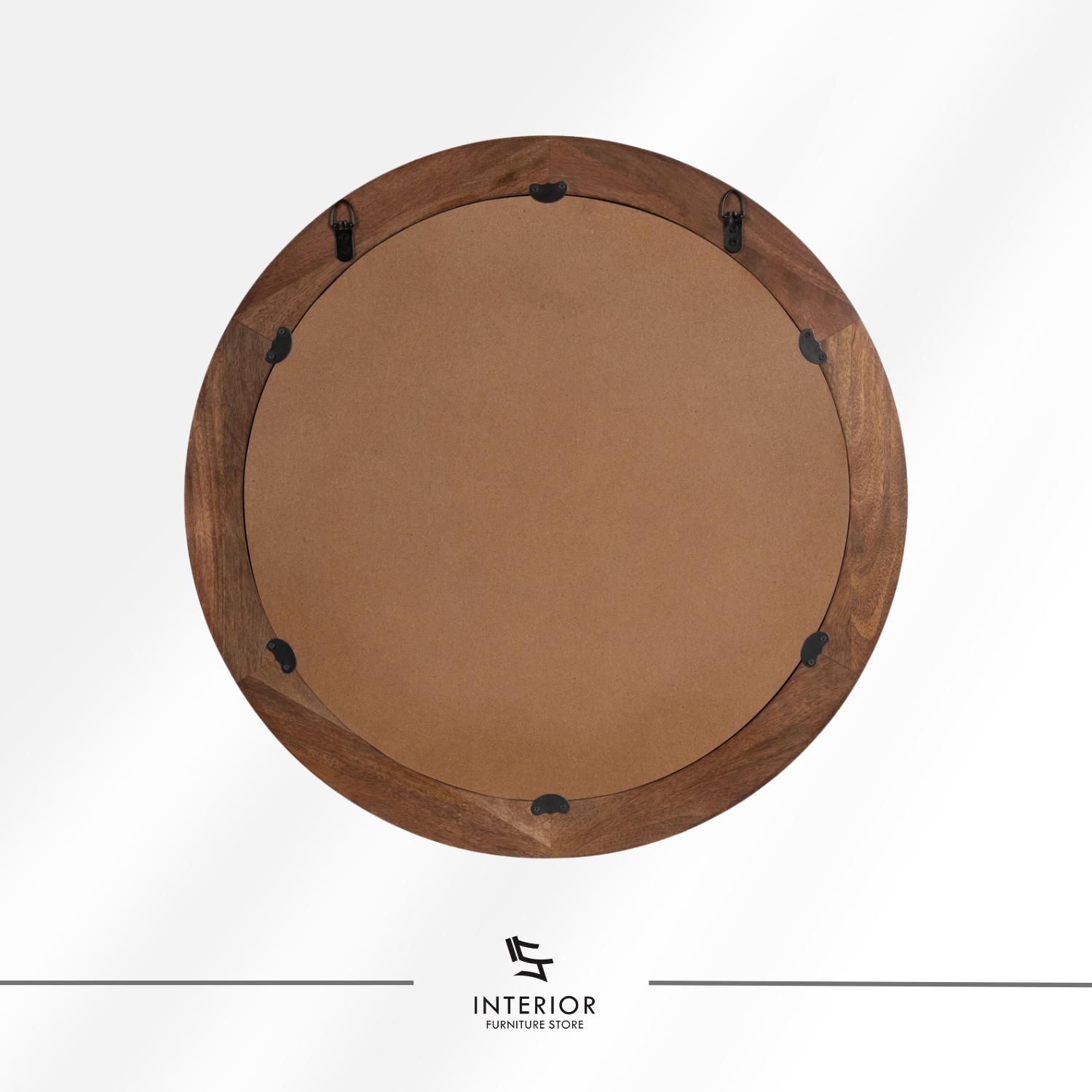 Round wall mirror with a thick, layered wooden frame in a warm natural finish.