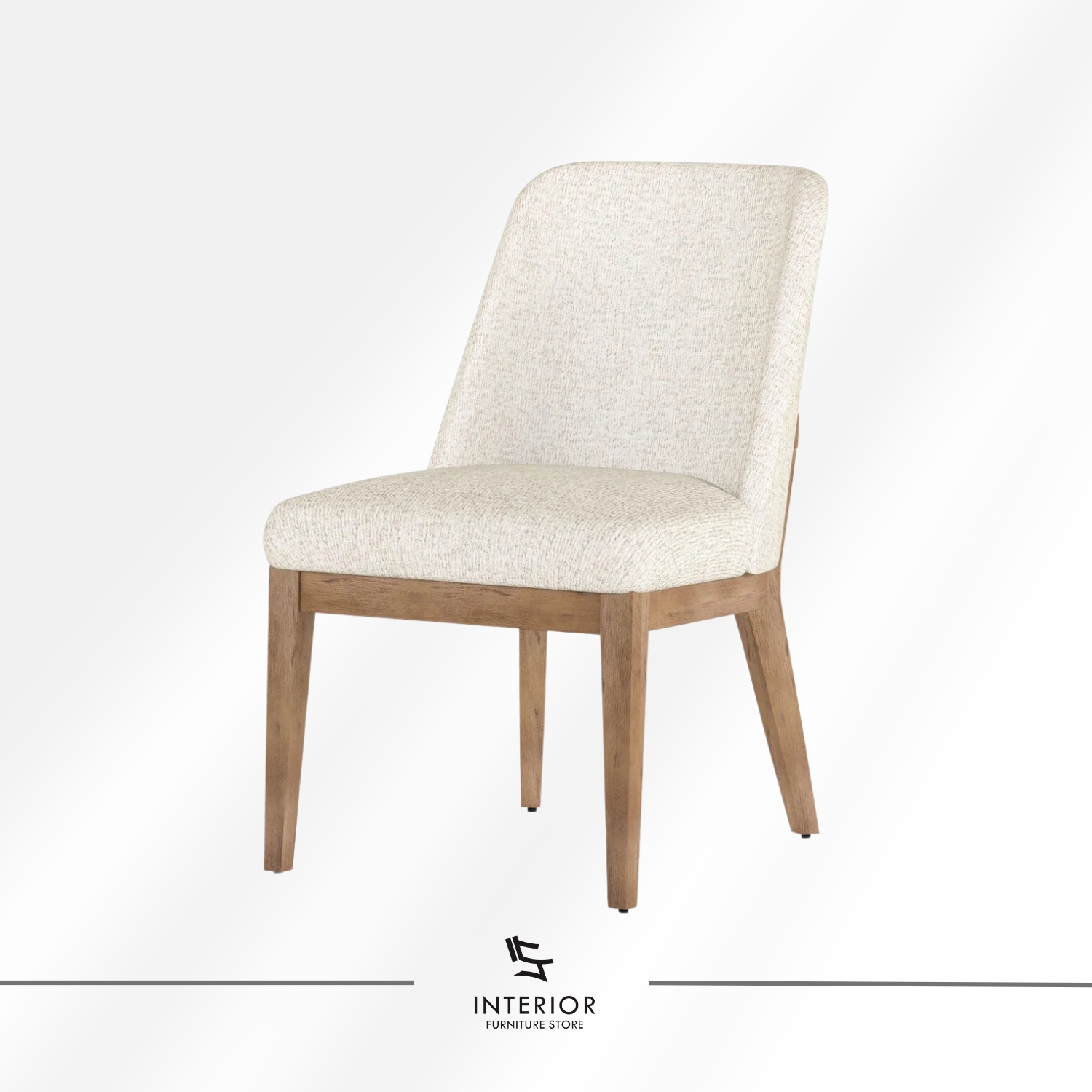 Upholstered dining chair with a softly curved backrest, padded seat, and natural wood legs.
