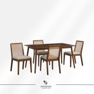 Solid wood dining table set with four chairs, featuring woven rattan backrests, soft upholstered seats, and a warm brown finish that enhances its clean, timeless appeal.