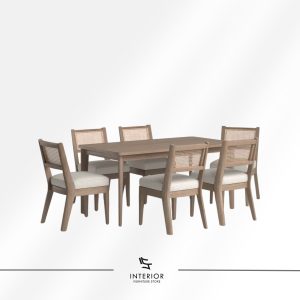 Light wood dining table set with six chairs, featuring woven rattan backrests and soft upholstered seats in a neutral tone.