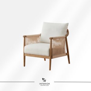 Armchair with upholstered seat and back cushion, paired with a wooden frame and woven rope arm panels.