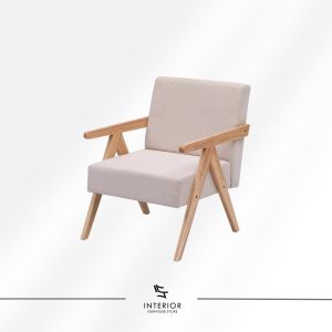 Modern armchair with upholstered seat and backrest, supported by a natural wooden frame with angled legs.