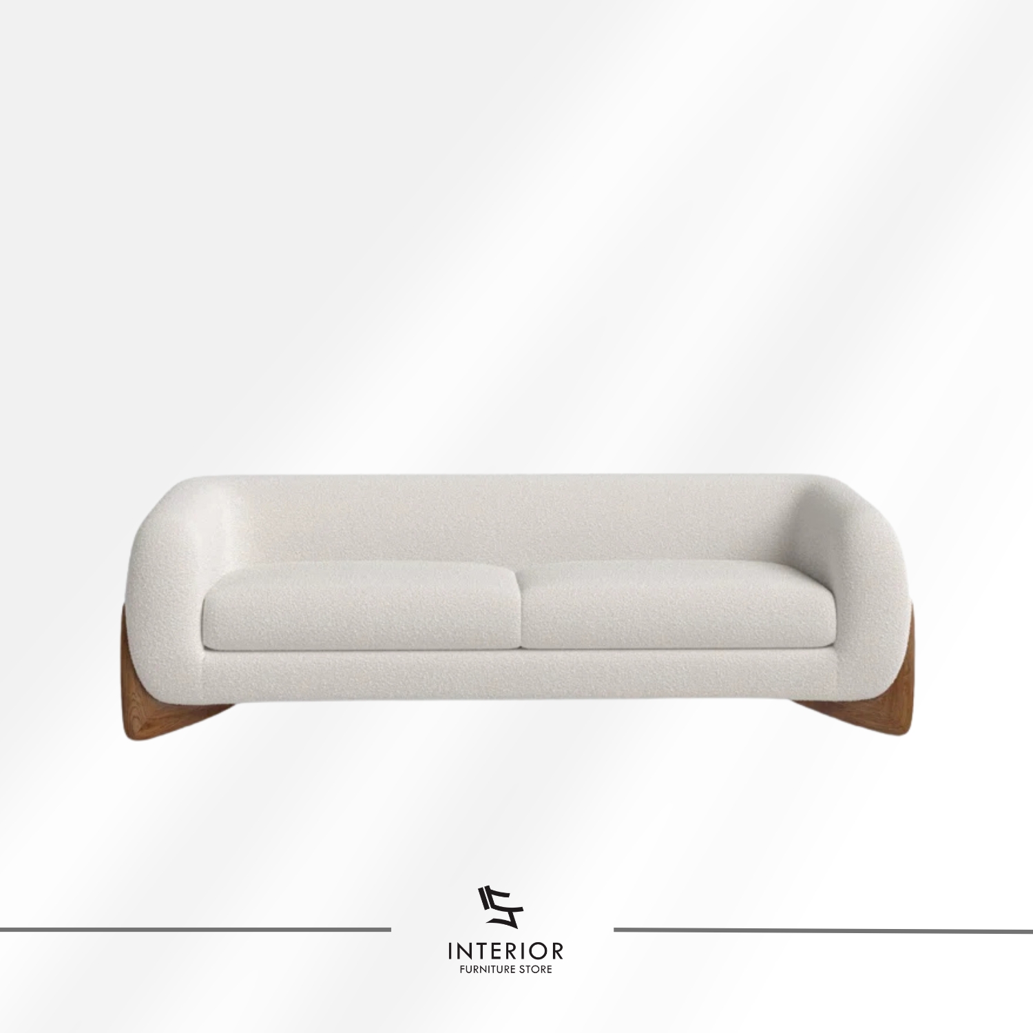 Curved modern sofa with textured cream upholstery and sculpted wooden side supports.
