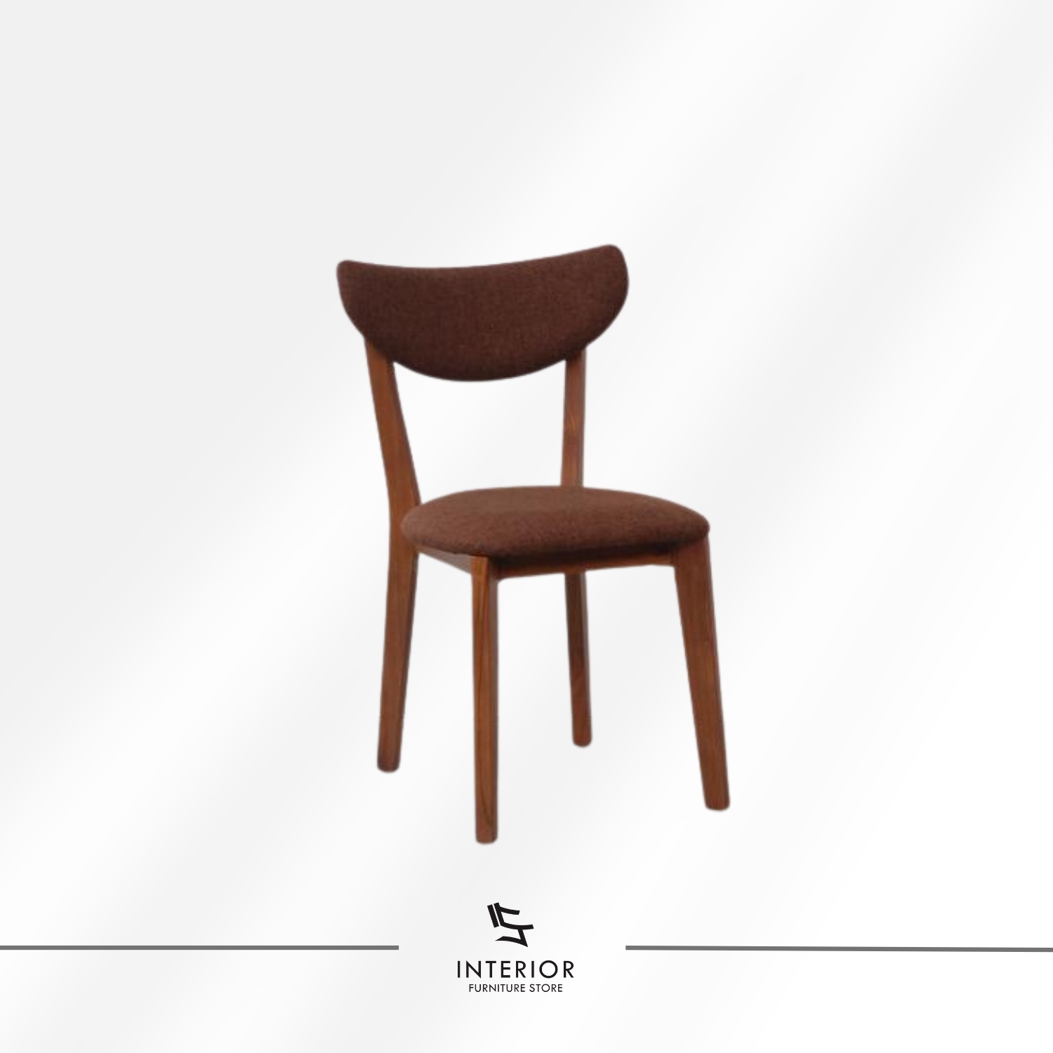 Wooden dining chair with curved backrest and upholstered seat.