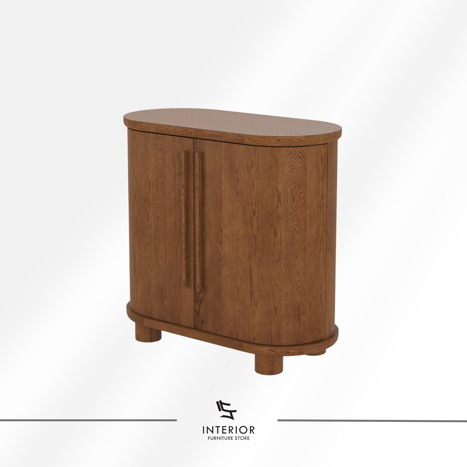 Curved wooden cabinet with double doors and rounded edges.
