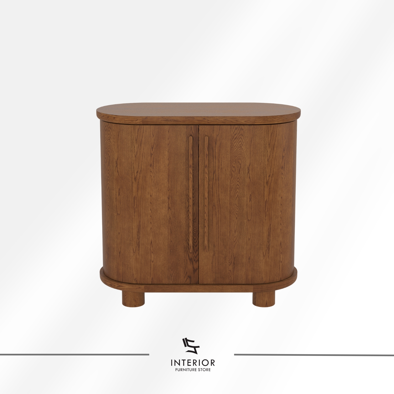 Curved wooden cabinet with double doors and rounded edges.