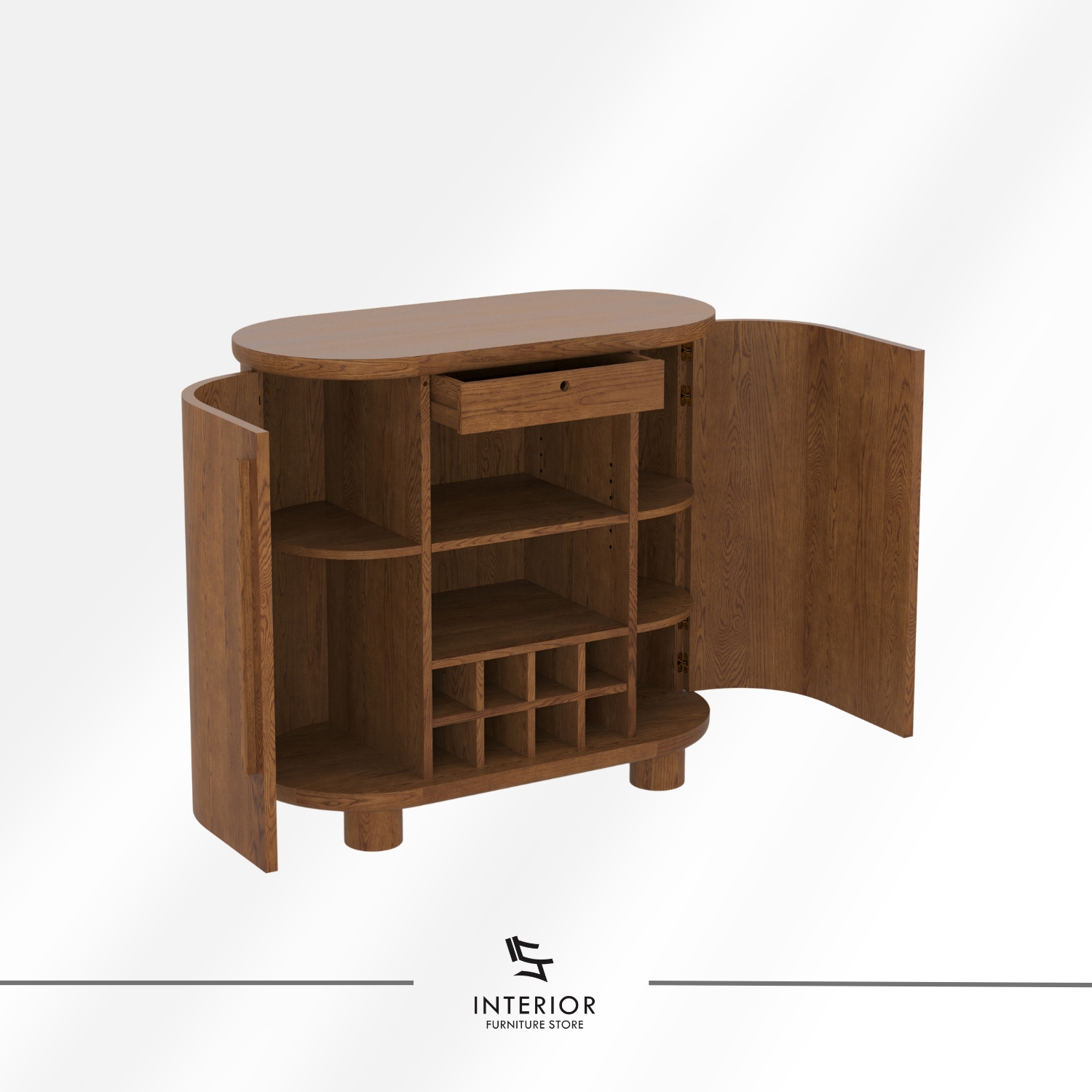 Curved wooden cabinet with double doors and rounded edges.