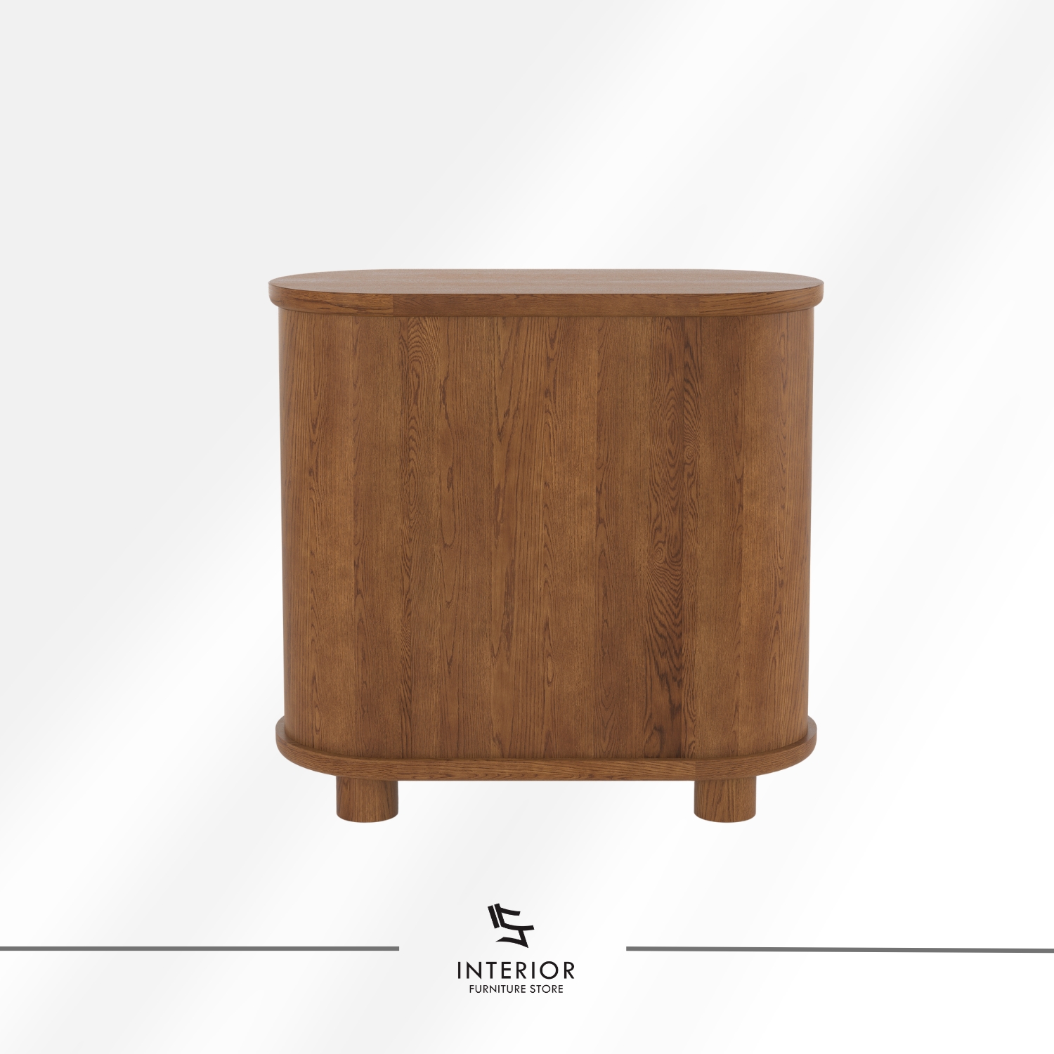 Curved wooden cabinet with double doors and rounded edges.