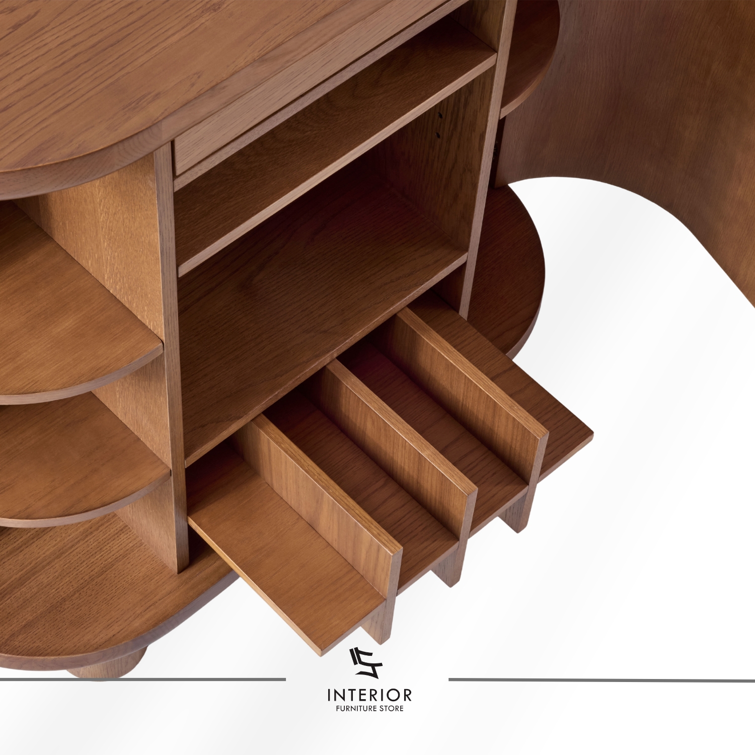 Curved wooden cabinet with double doors and rounded edges.
