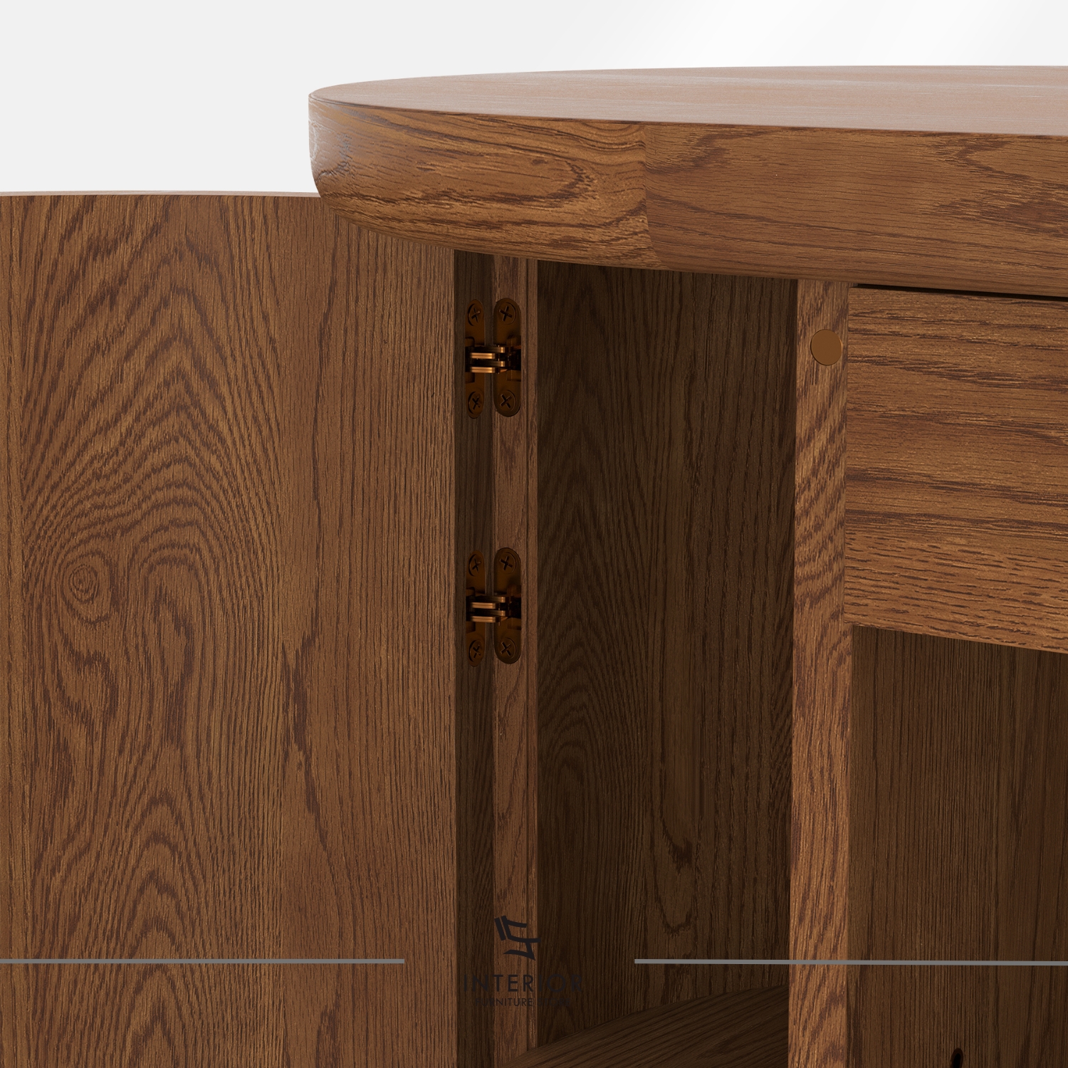 Curved wooden cabinet with double doors and rounded edges.