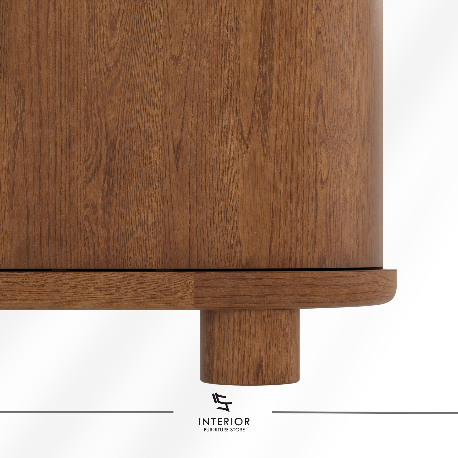 Curved wooden cabinet with double doors and rounded edges.