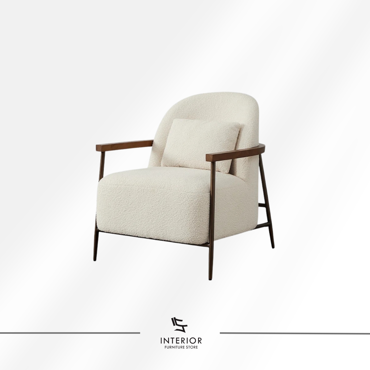 Modern armchair with textured cream upholstery, curved backrest, and solid wooden armrests and frame.