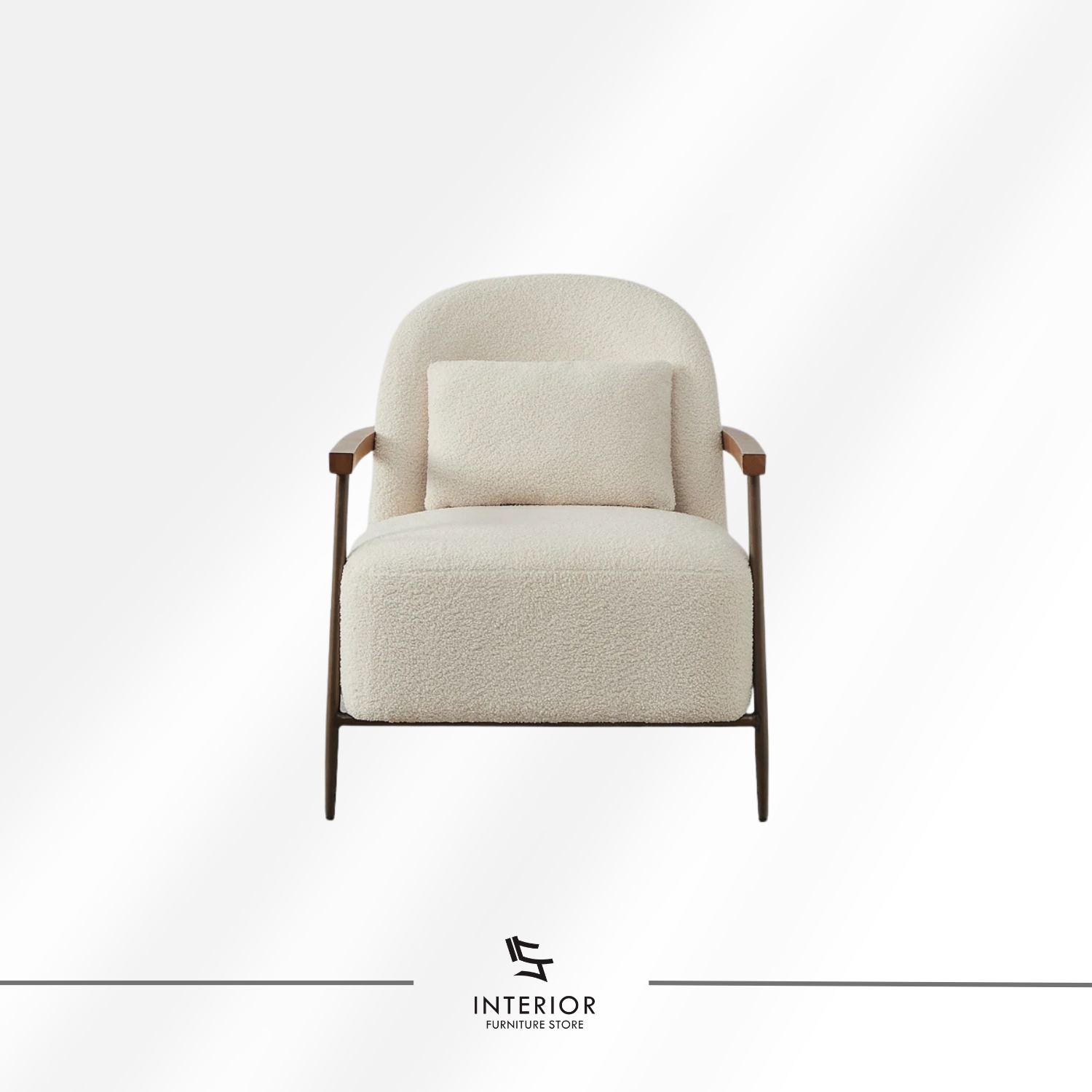 Modern armchair with textured cream upholstery, curved backrest, and solid wooden armrests and frame.