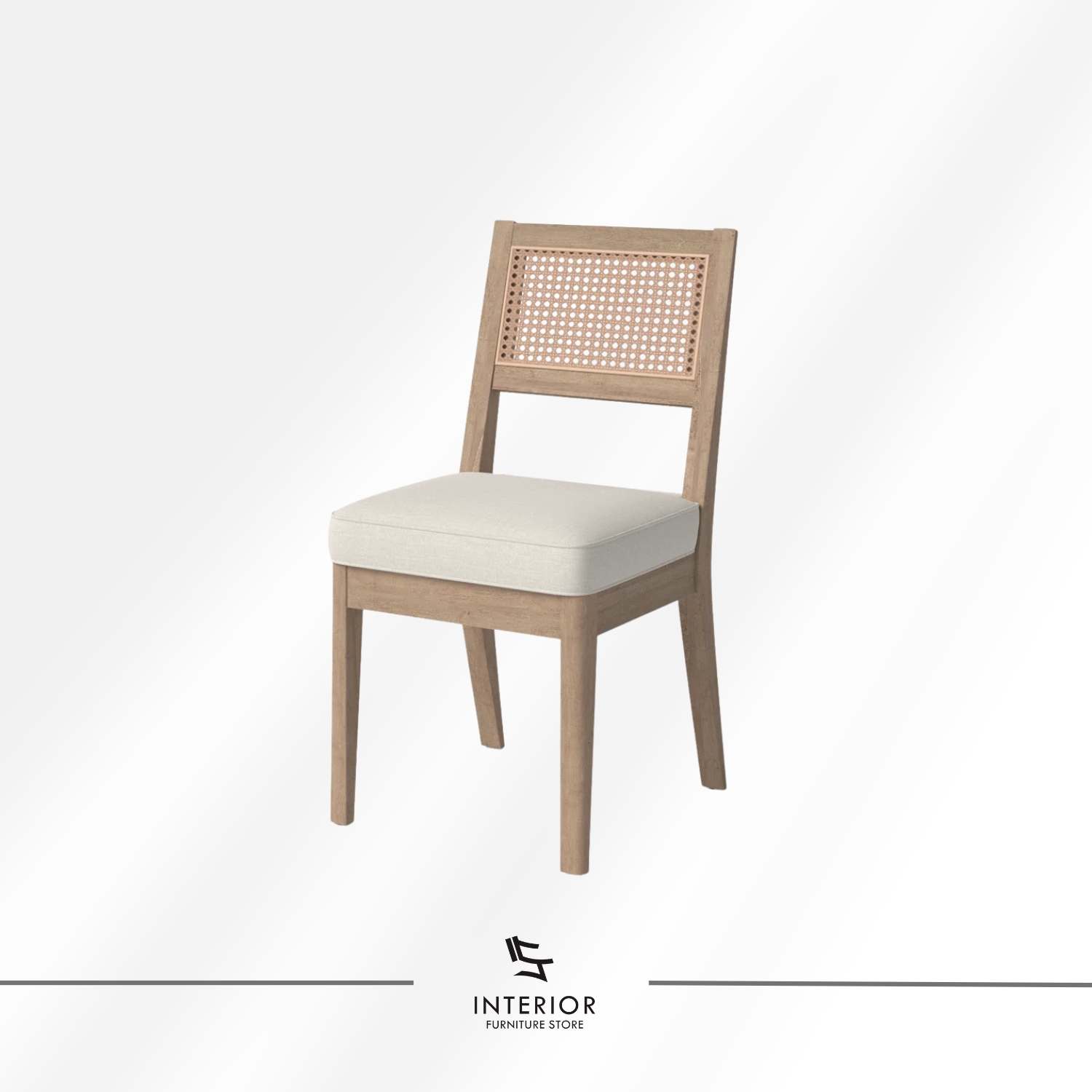 Wooden dining chair with a woven cane backrest and a cushioned upholstered seat.