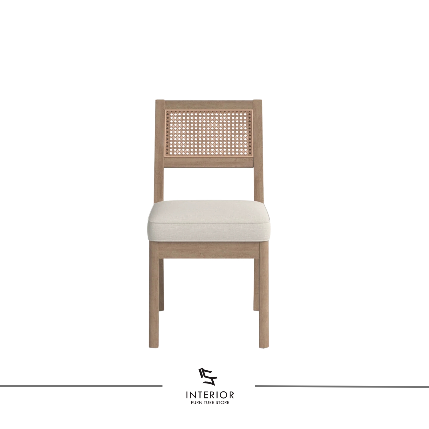 Wooden dining chair with a woven cane backrest and a cushioned upholstered seat.