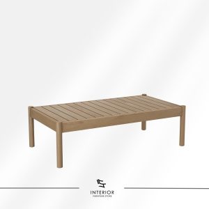 Rectangular slatted wood coffee table with rounded legs, light natural finish