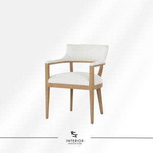 Upholstered dining chair with wooden frame and armrests, featuring a curved backrest and neutral fabric.