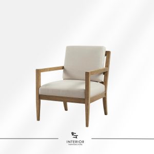 Solid wood armchair with clean square frame and soft beige upholstered seat, minimalist style