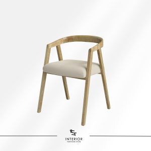 Modern wooden dining chair with curved armrests and an upholstered seat.