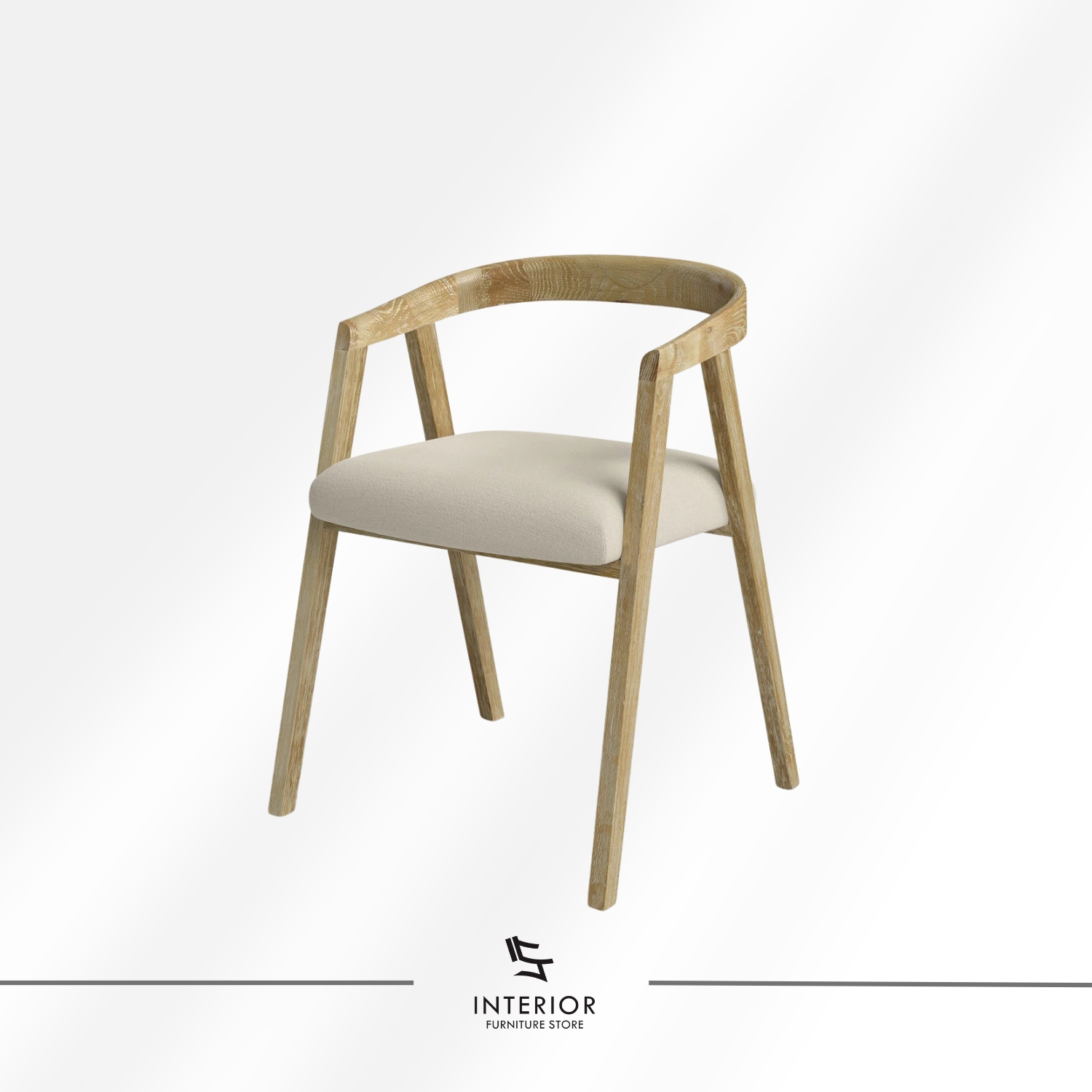 Modern wooden dining chair with curved armrests and an upholstered seat.