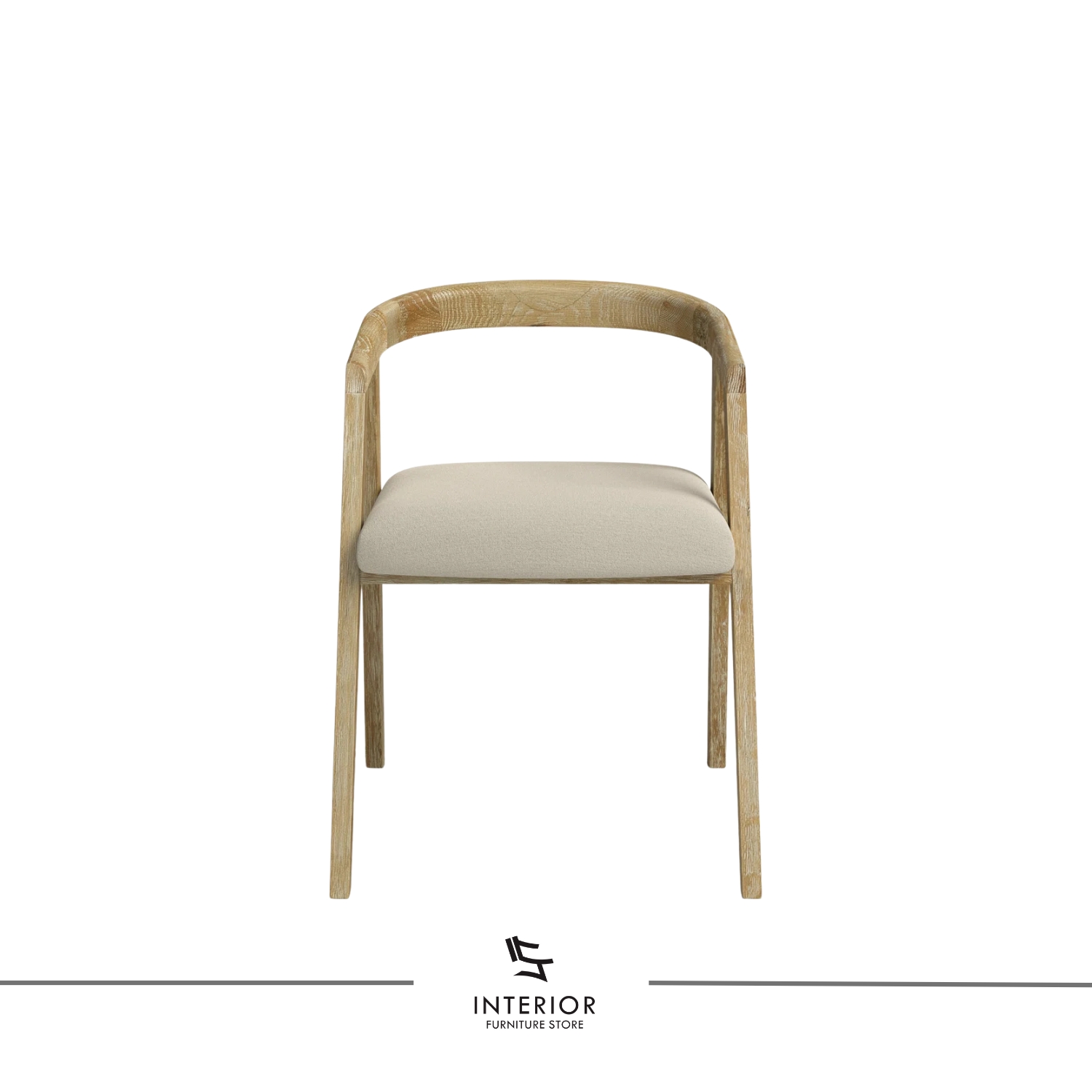 Modern wooden dining chair with curved armrests and an upholstered seat.