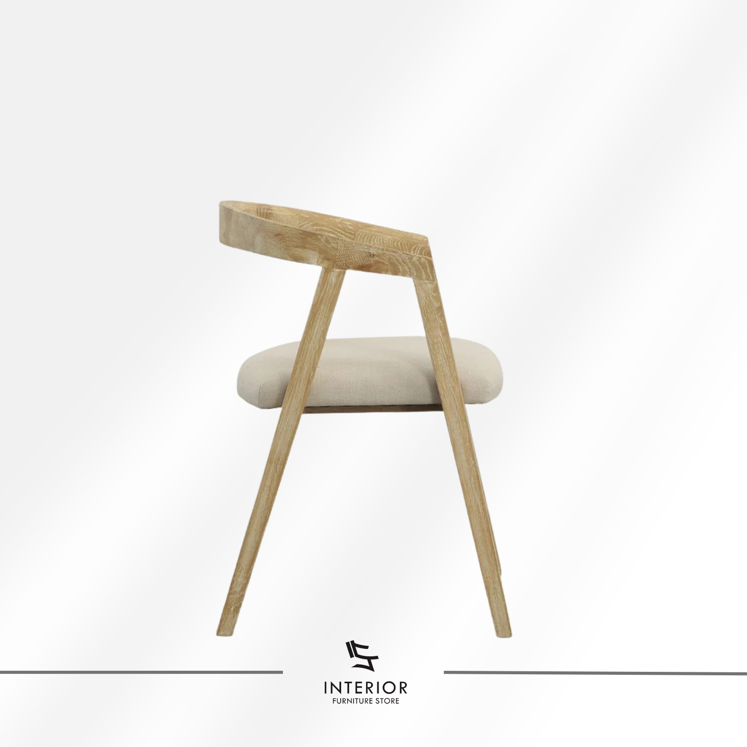 Modern wooden dining chair with curved armrests and an upholstered seat.