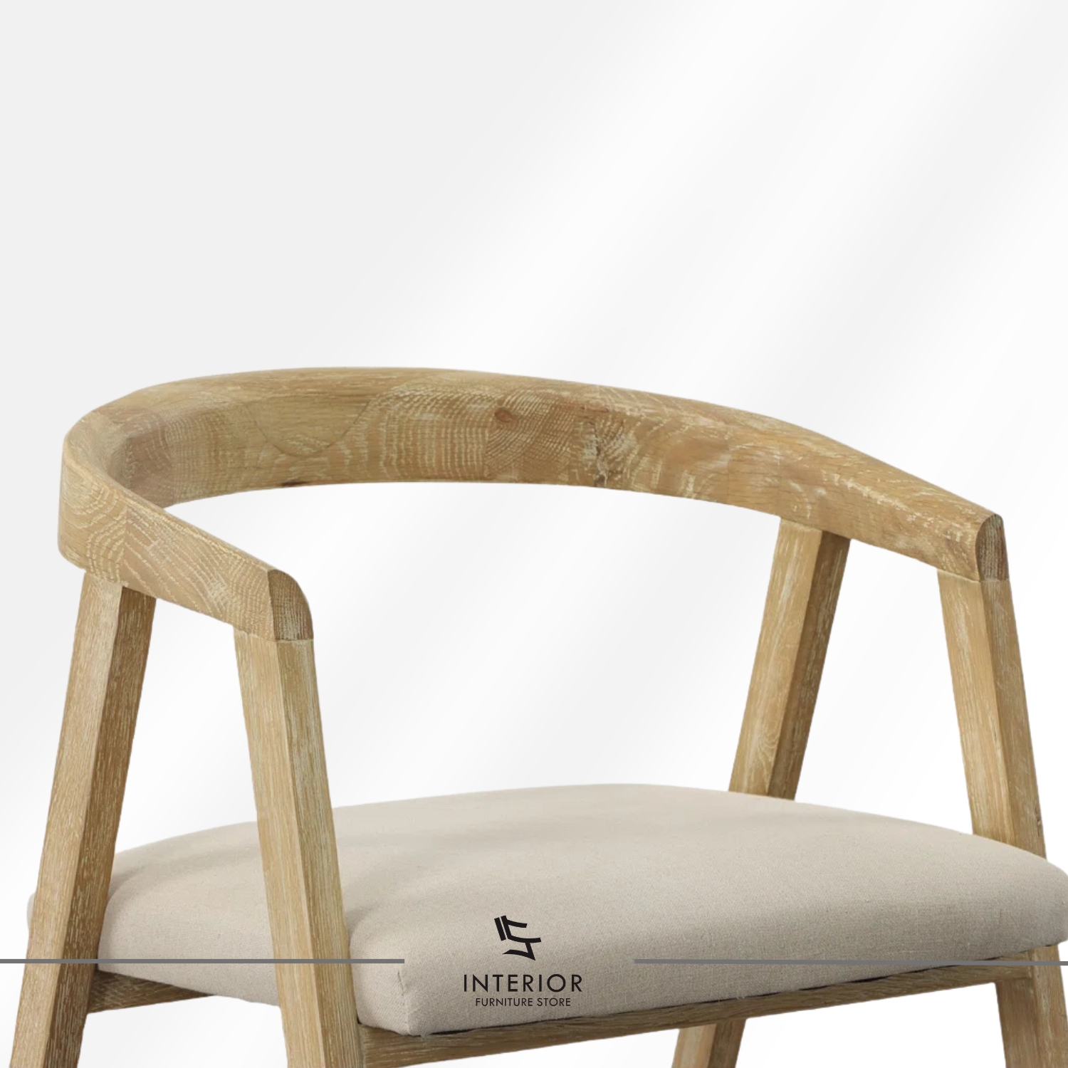 Modern wooden dining chair with curved armrests and an upholstered seat.