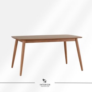 Mid-century modern wooden dining table with a softly rounded rectangular top and angled tapered legs.