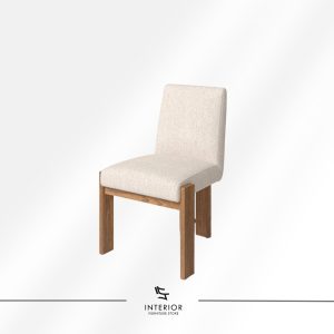 Upholstered dining chair with a minimalist wooden frame and soft beige fabric seat and backrest.