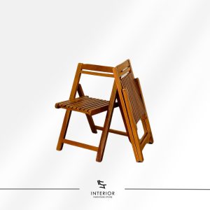 Wooden folding garden chair with slatted seat and backrest, shown in open and folded positions.