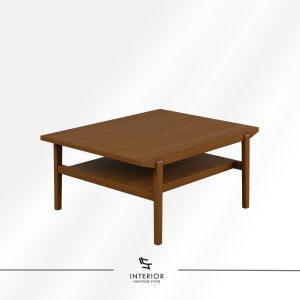Square wooden coffee table with lower shelf, minimalist functional design