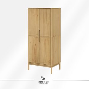 Light wood wardrobe with double doors, featuring a hanging rail and upper shelf inside.