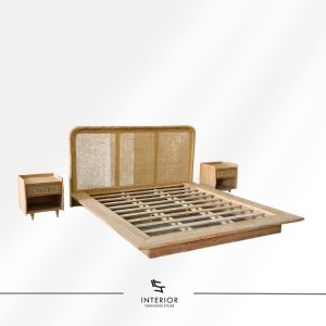 Wooden bed frame set with a woven rattan headboard and matching bedside tables in a natural finish.