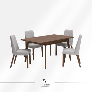 Wooden dining table set with four upholstered chairs, modern minimalist design