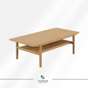 Solid wood coffee table with rectangular top and open lower shelf, minimalist modern design