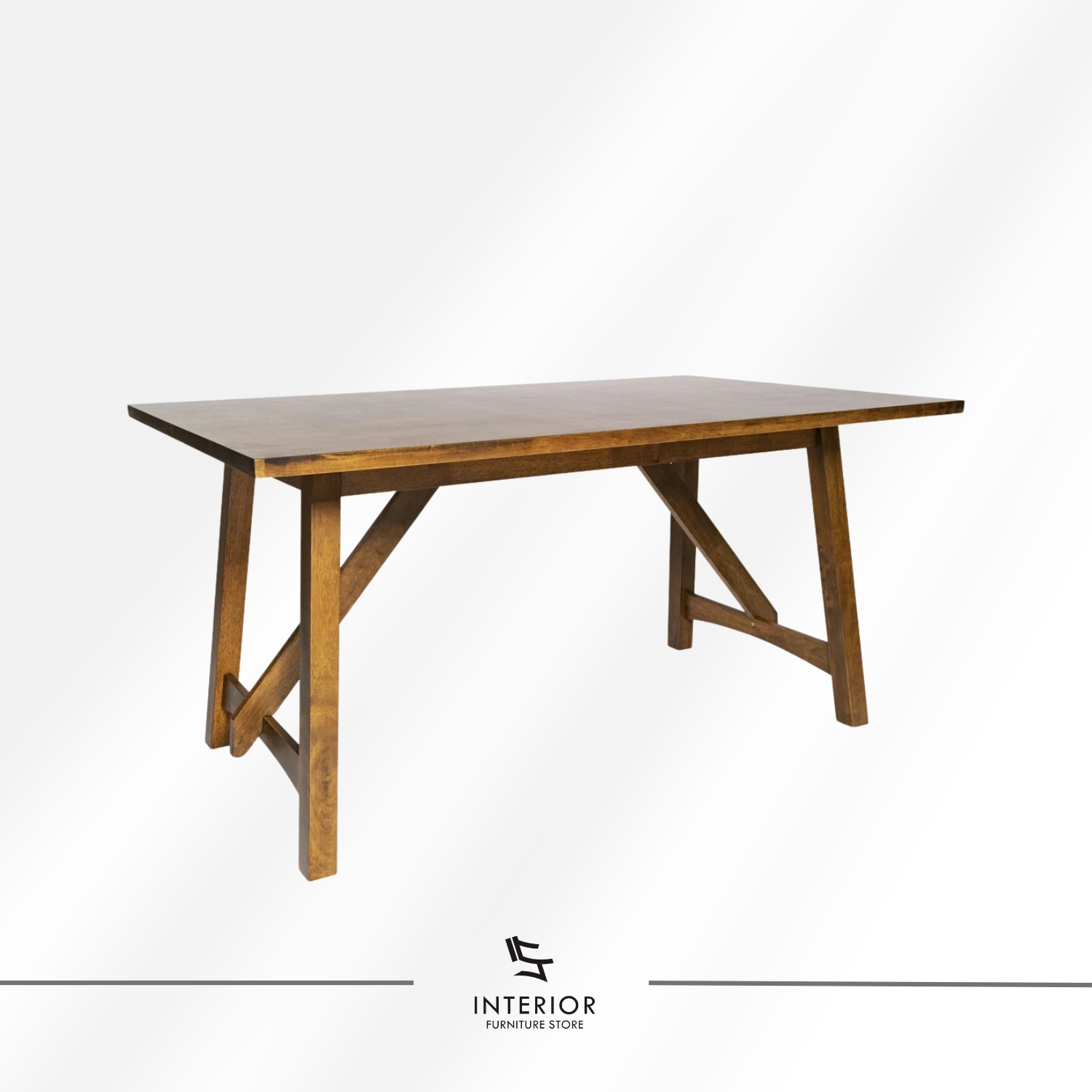 Solid wood dining table with angled legs and cross support, modern rustic design