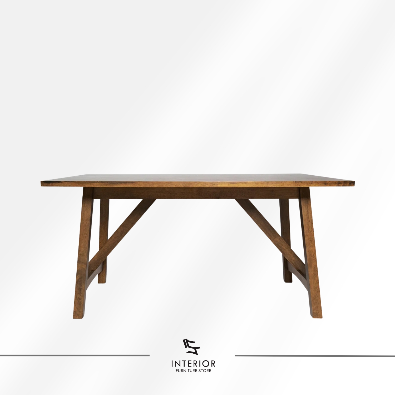 Solid wood dining table with angled legs and cross support, modern rustic design