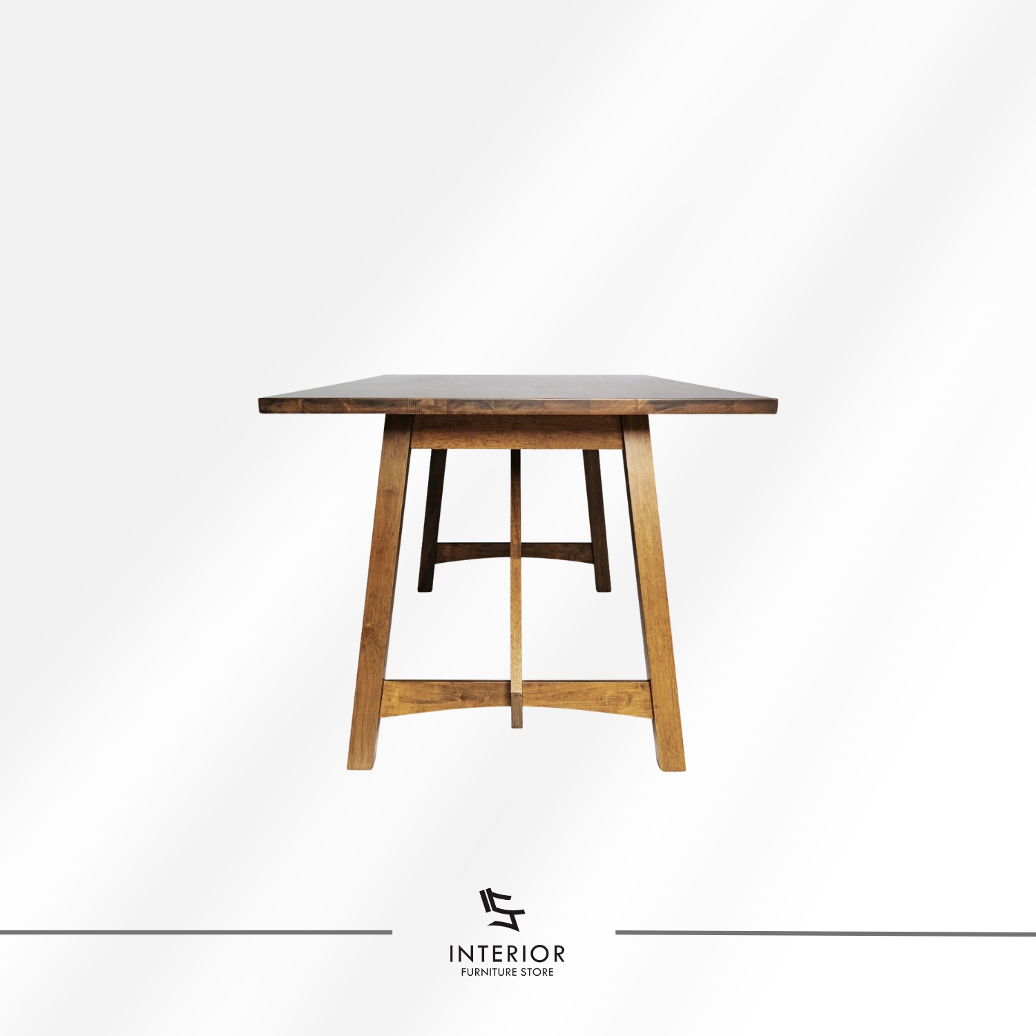 Solid wood dining table with angled legs and cross support, modern rustic design