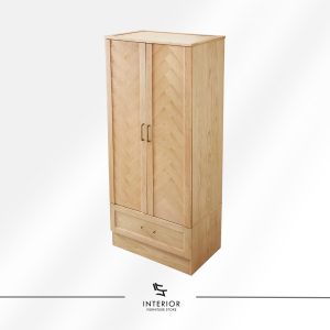 Light wood wardrobe with double doors and bottom drawer, featuring a hanging rail inside.