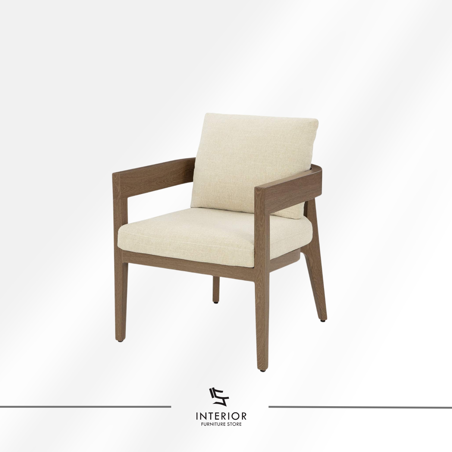 Solid wood armchair with wide armrests and soft cream upholstered seat, minimalist modern style
