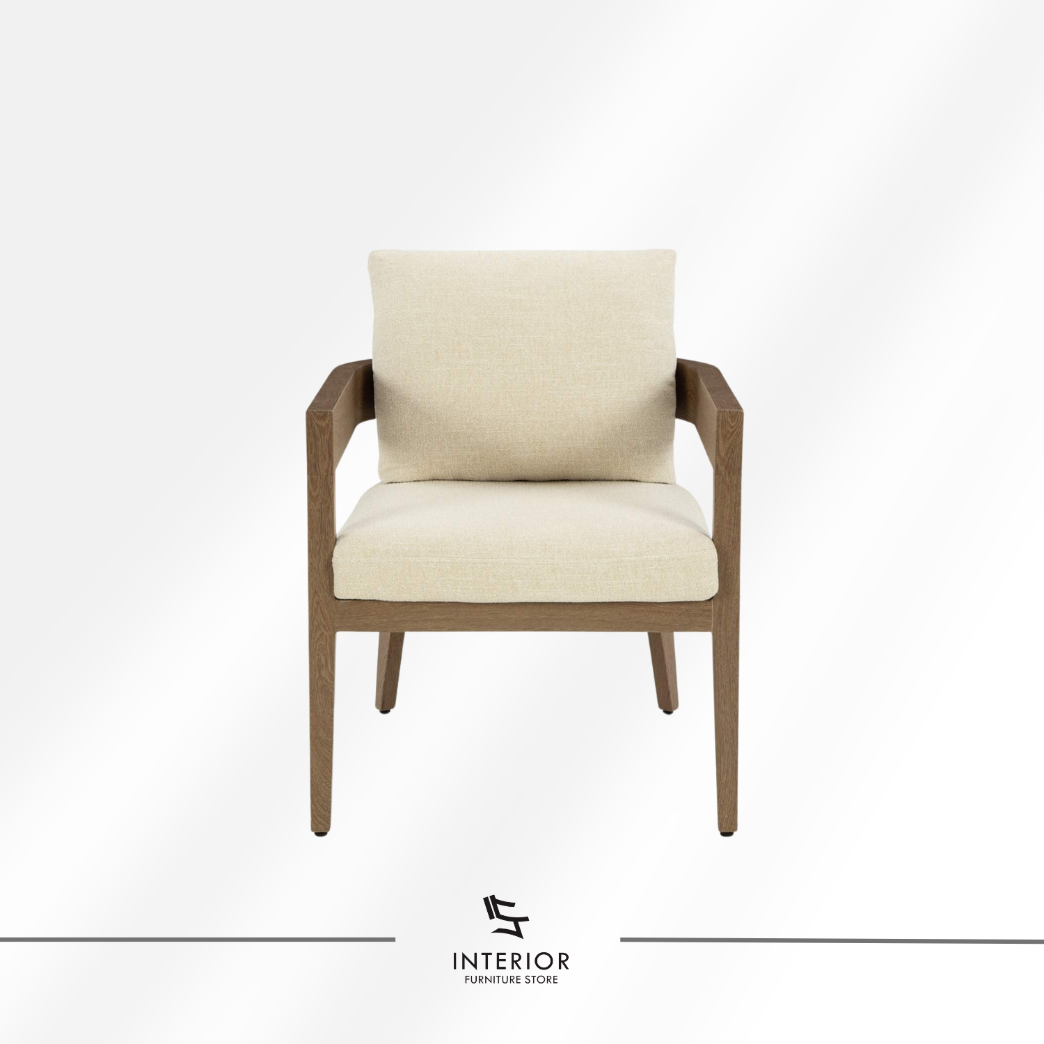 Solid wood armchair with wide armrests and soft cream upholstered seat, minimalist modern style