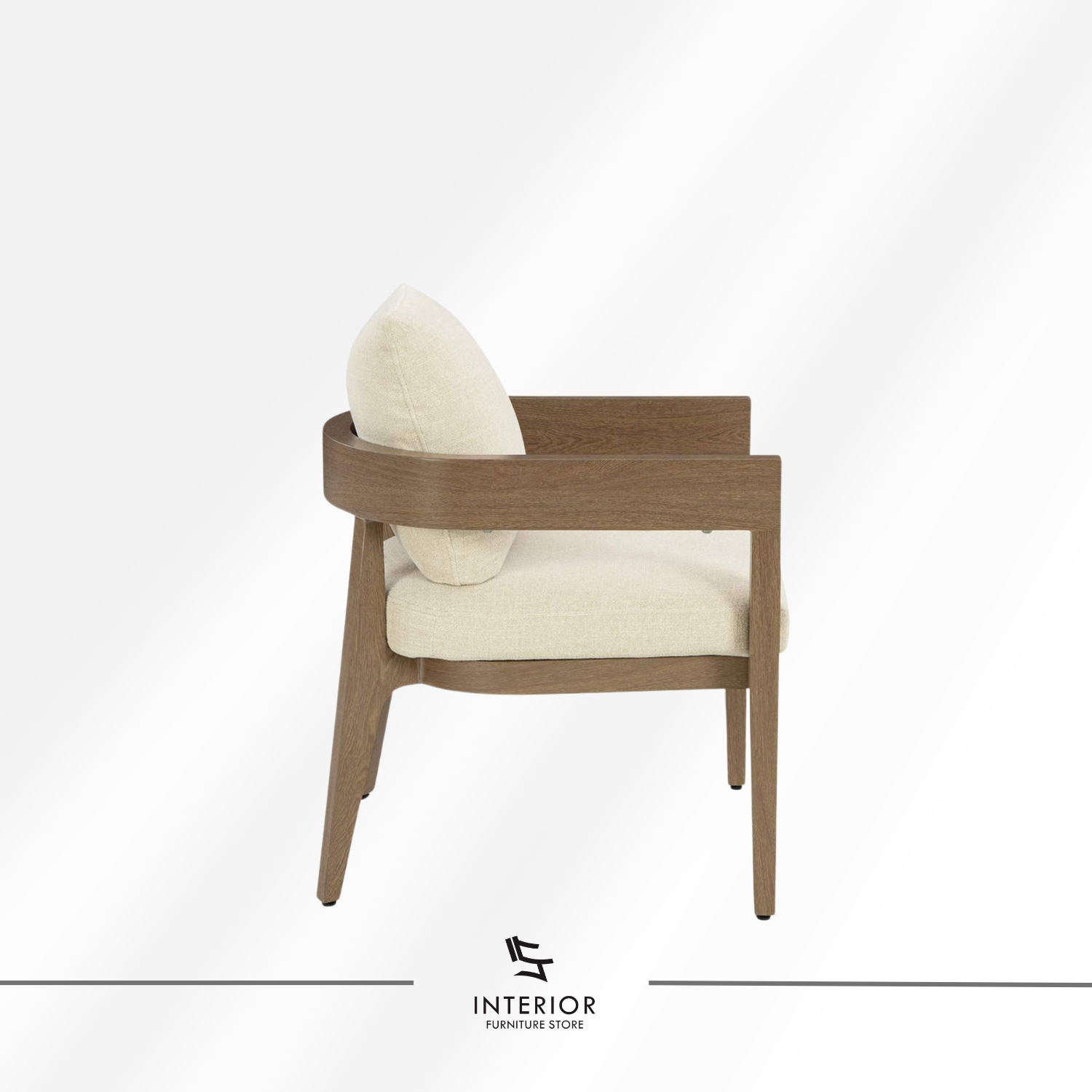 Solid wood armchair with wide armrests and soft cream upholstered seat, minimalist modern style